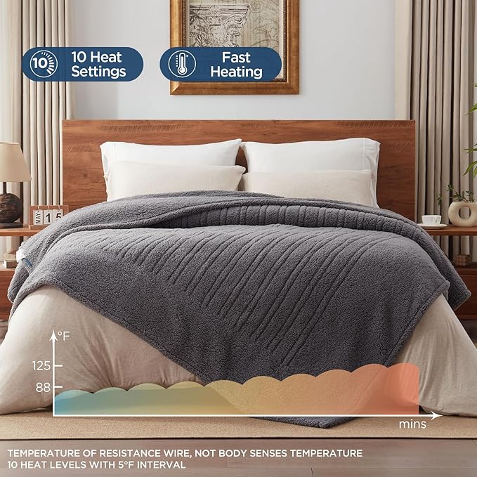 Westinghouse Electric Blanket King Size, Soft Plush Sherpa Heated Blanket with 10 Heating Levels & 1-12 Hours Auto-Off, Machine Washable, 100x90 inches, Darkgrey