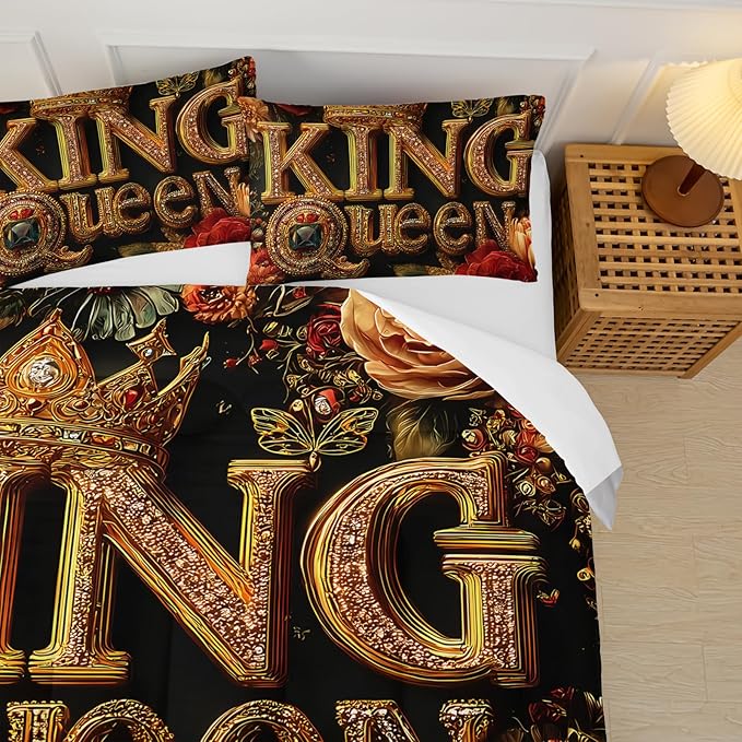 King and Queen Comforter Set Black and Gold，King and Queen Bedding Set，Red Floral Quilt Set Queen Size，with 1 Comforter with 2 Pillow Case