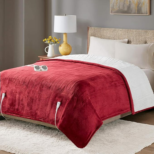 Degrees of Comfort Sherpa Plush Dual Control Electric Blanket Queen Size, Heating Blankets | Washable | Automatic Shut Off | Double Zone, 6 Heat Settings | 84" x 90" Red