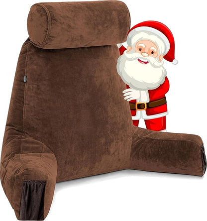 Husband Pillow Medium Chocolate, Backrest for Kids, Teens, Petite Adults - Reading Pillows with Arms, Adjustable Loft, Plush Memory Foam, Bed Rest Chair Sitting Up, Detach Neck Roll, Removable Cover