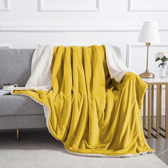 IR Imperial Rooms Gold Sherpa Fleece Throw Blanket Twin Size for Bed - Wholesale Bulk Pack of 12 Sherpa Blankets - Soft Fluffy Throw Blankets for Hotels, Guest Bedroom (Yellow, 60x80 Inches)