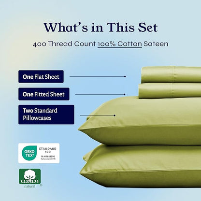 California Design Den Full Size Bed Sheets Set - Soft 400 Thread Count Sateen, Natural 100% Cotton Sheets Set with Deep Pockets, Breathable, and Durable Bedding - Celery Green