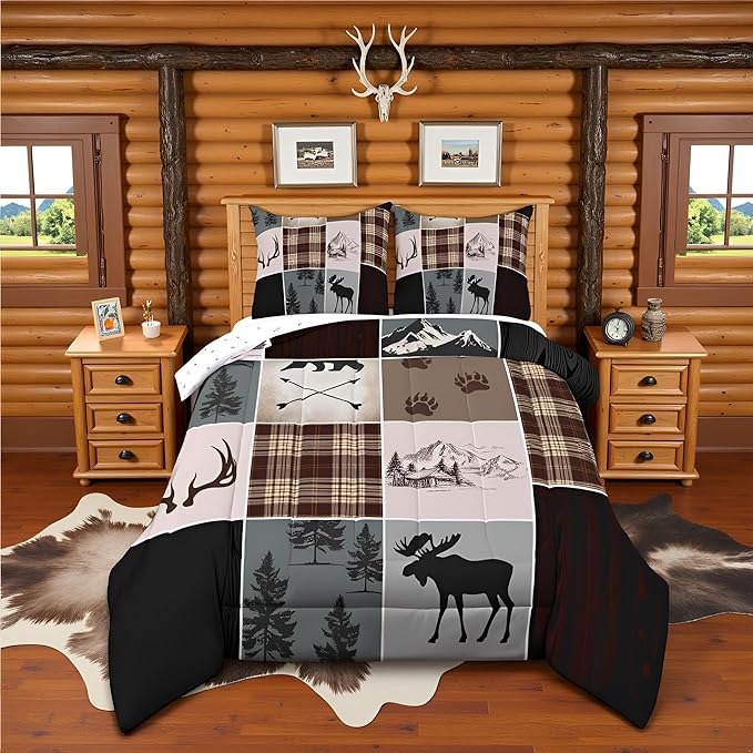 Hunting Camper Comforter Set Queen Size Bear Elk Arrow Wild Animals Bedding Set Kids Boys Teens Women Rustic Farmhouse Cabin Home Decor 3pcs,Retro Geometric Stripes Plaid Duvet Insert,Brown Grey