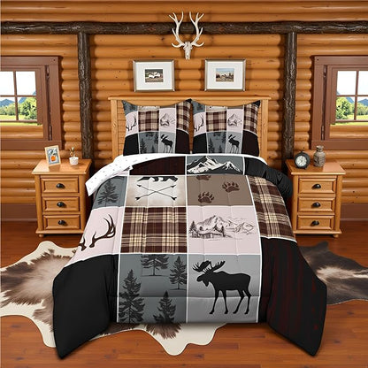 Hunting Camper Comforter Set Full Size Bear Elk Arrow Wild Animals Bedding Set Kids Boys Teens Women Rustic Farmhouse Cabin Home Decor 3pcs,Retro Geometric Stripes Plaid Duvet Insert,Brown Grey