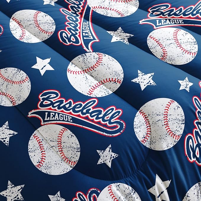 QOOMO 3D Baseballs Comforter Full Size,Blue Baseball Kids Bedding Set,3Pcs Bedding Set Printed Comforter with 2 Pillowcases,Down Alternative,Soft and Lightweight,for All Seasons