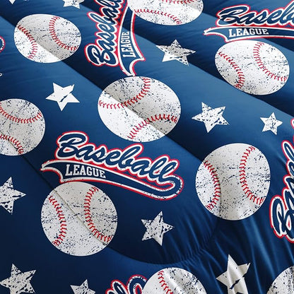 QOOMO 3D Baseballs Comforter Full Size,Blue Baseball Kids Bedding Set,3Pcs Bedding Set Printed Comforter with 2 Pillowcases,Down Alternative,Soft and Lightweight,for All Seasons
