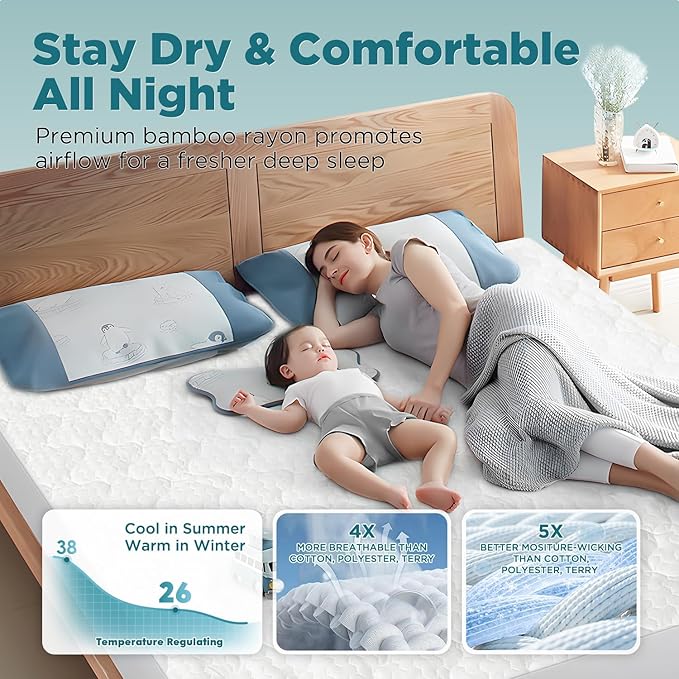 5-Sided Waterproof Mattress Protector, Twin Size Quilted Bamboo Rayon Mattress Cover, Breathable Cooling Noiseless Bed Fitted Sheets, Soft Bedding Pad with Deep Pocket Up to 18"
