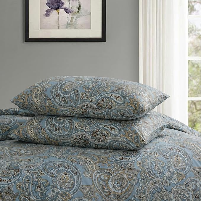 100% Cotton Duvet Cover King Size Blue Boho Paisley Pattern Duvet Cover Sets with Zipper Closure 3 Pcs Soft & Breathable Luxury Bedding Sets