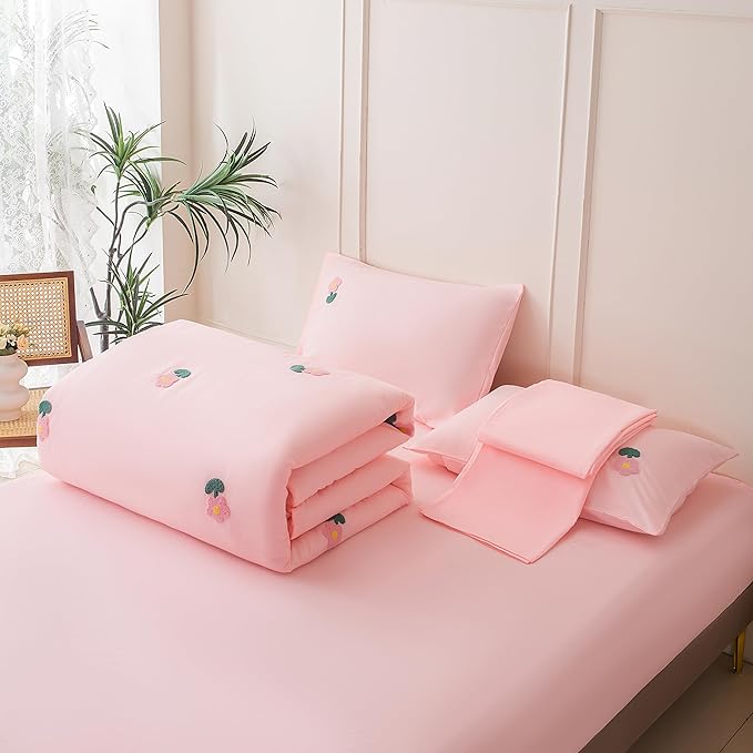 MWMWMW 5 Pieces Girls Queen Size Bedding Set, Cute Pink Floral Comforter Set, Pink Floral Bedding Queen for Kids Girls with 1 Comforter, 1 Flat Sheet, 1 Fitted Sheet and 2 Pillowcases