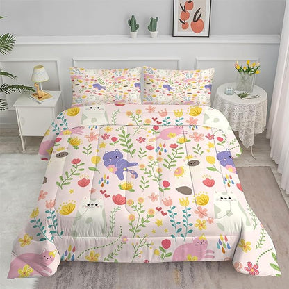 Floral Cat Comforter Set: King Size Pink Purple Cats Print Bedding Set Cartoon Colorful Flower Kitten Quilts for Women Adults Teen Girls 3 Piece Bed Sets