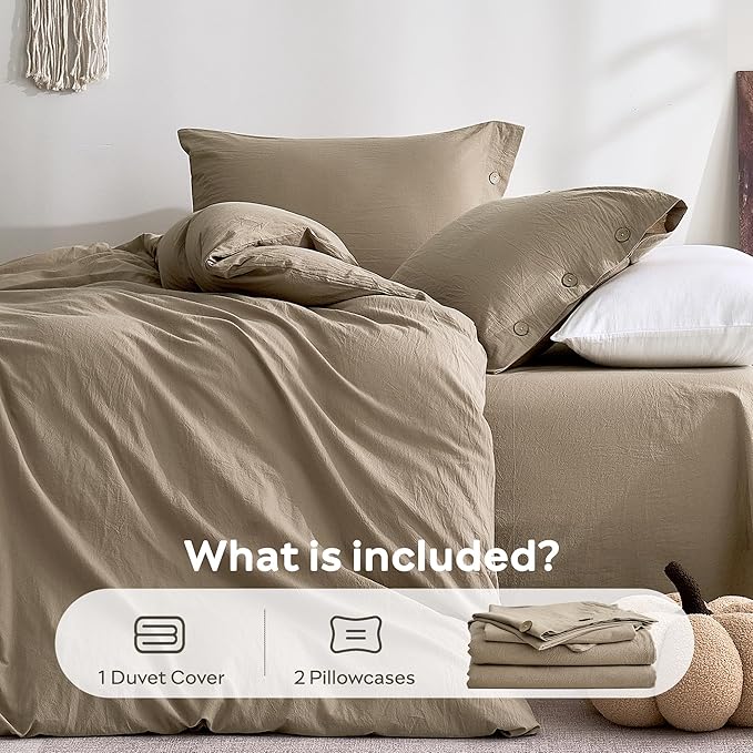 JELLYMONI 100% Washed Cotton Duvet Cover King – Soft, Breathable Linen-Look Bedding with Natural Wrinkle Texture, Button Closure, 3-Piece Set (Dusty Khaki, 104"x90")