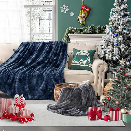 Sealy Electric Heated Blanket Queen Size, Faux Fur & Flannel Fast Heating Blanket with 10 Heat Setting & 1-12 Hour Auto Shut Off, Machine Washable, Navy Blue, 84 x 90 Inch