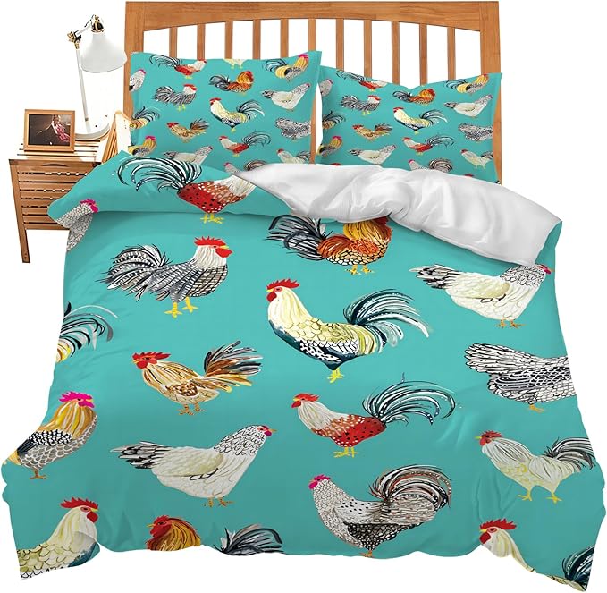 Farmhouse Chicken Theme 3 Pieces Duvet Cover Comforter Set with 2 Pillowcase King Size Farm Rooster Bed Sheet Quilt Bedroom Bedding for Lover Kids