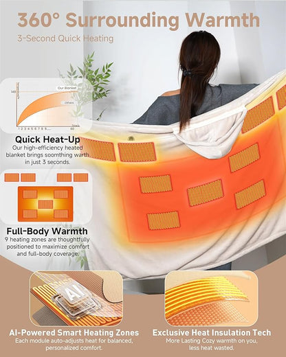 Cordless Heated Blanket with Hood, USB Battery Powered Heated Wearable Blanket with 9 Heating Zones, 20000 mAh Power Bank, 3 Levels, Portable Heated Throw Blanket, Heated Shawl