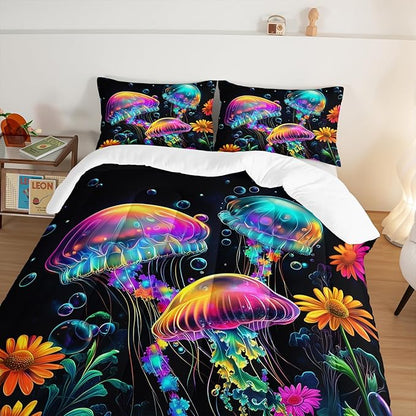 Kids Toddler Bedding Jellyfish Comforter Set,Marine Life Water Plants Bubbles Bedding King Size Comforter Sets for Girls Boys Room Decor,Aesthetic Bedding Comforter Sets with 2 Pillowcases.