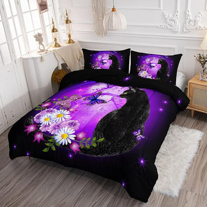 Black Cat Bedding Cartoon Cat Comforter Set Queen,Daisy Butterflies Printed Kids Bedding Set for Kids Boys Girls Adults Room Decor,Kids Comforter Set All Season,1 Quilt 2 Pillow Cases