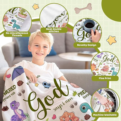 Bible Verse Blanket, Christian Gifts, God Says I am Print Dinosaur Blankets for Boys, Meaningful Thoughtful Religious Baptism Gift for Son,Dinosaur Lovers Room Bed Decoration, 30"x40"
