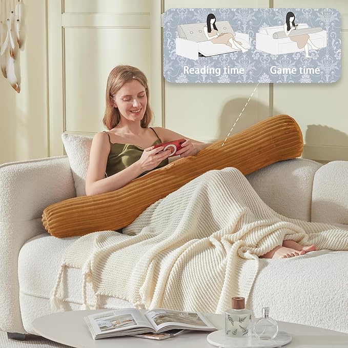 Headboard Wedge Pillow + A Long Neck Roll Pillow Body Pillow，Large Headboard Pillow with Removable Cover (Brown, Queen：59x8x20 inches)