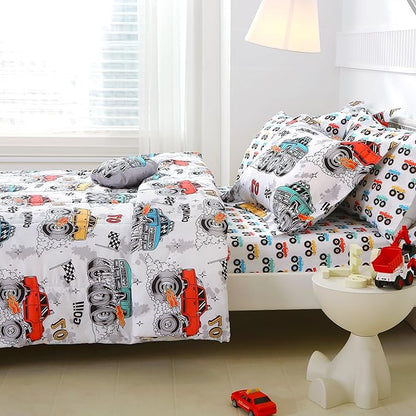 Mooreeke Full Size Comforter Sets for Boys Kids, 8 Pieces Bed in a Bag Monster Truck Bedding Comforter Sheet Set with Shams and Decorative Toy Pillow, Ultral Soft Microfiber Kids Bed Set