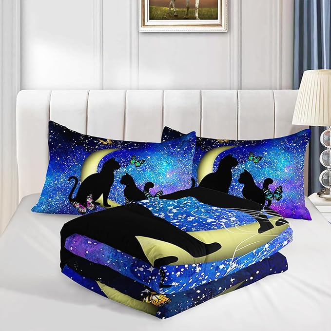Axolotl Black Cat Comforter Bedding Set King,Cartoon Cat Butterflies Moon Printed Kids Bedding Set,Starry Sky Gradient Bedding for Kids Boys Girls Adults Teens All Season,1 Quilt 2 Pillow Cases,Blue