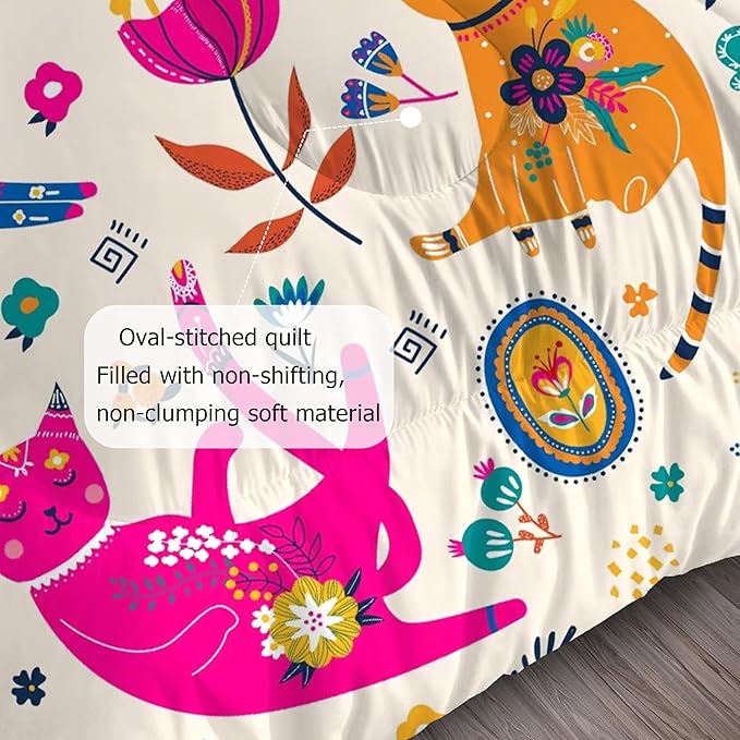 Cat Comforter Set King: Cute Floral Cats King Bedding Sets for Teen Girls Women Kids Cartoon Flowers Kawaii Animals Print Quilt Duvet Bed Set with 1 Comforter & 2 Pillowcases