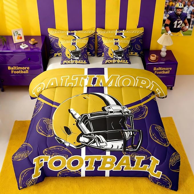 Feelyou Football King Comforter Set with Sheets for Kids Boys Girls Ball Games 7 Pieces Bedding Set Rugby Bed in a Bag City of Footballs Room Decor Rugby Sports Soft Lightweight