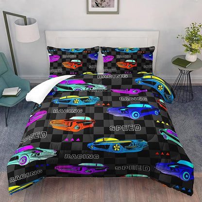 AILONEN Kids Cartoon Car Comforter Set, Full Size, Colorful Bedding Set for Kids Boys, Cool Speed Race Car Bed in a Bag, 3 Pcs, 1 Quilt and 2 Pillowcases, Soft Microfiber