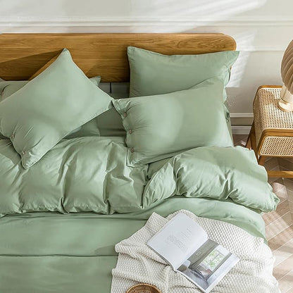 JELLYMONI Cotton Duvet Cover King Size - Light Green Comforter Cover with Button 100% Washed Cotton 3PCS Breathable Soft Solid Bedding Set Duvet Cover 104×90in & 2 Pillowcases (NO Comforter)