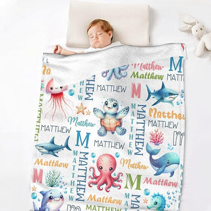 Personalized Baby Blanket for Girls Boys Sea Animals Custom Baby Blanket with Name Swaddle Blanket for Toddlers Infants Kids Shower Newborns Nursery Stroller Crib Decor Throw Birthday Gift