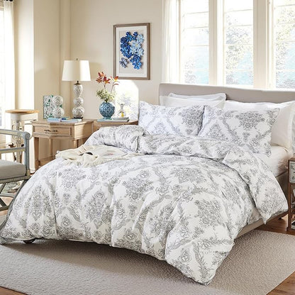 100% Cotton Duvet Cover Set Queen Size – Elegant Damask Print, Soft & Breathable Bedding with Zipper and Corner Ties, 3-Piece Reversible Comforter Cover Set