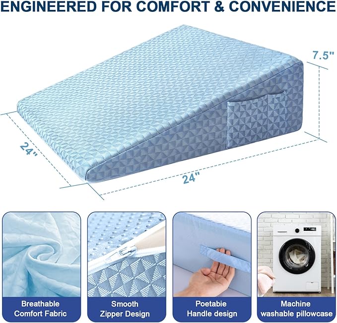 Wedge Pillow 7.5" Bed Wedge After Surgery, Back Pain Relief, Memory Foam Pillow Triangle Incline Wedge for Back Support, Leg Elevation（Blue）