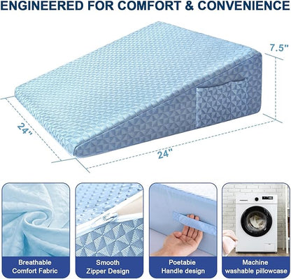 Wedge Pillow 7.5" Bed Wedge After Surgery, Back Pain Relief, Memory Foam Pillow Triangle Incline Wedge for Back Support, Leg Elevation（Blue）