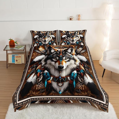 HOSIMA Wolf Twin Comforter Set,Tribe Decoration Print Animal Bedding for Teens Boys Room Decor,Lightweight Fluffy Dreamcatcher Feather Pattern Wolf Bedding Set for Kids with 2 Pillowcases.