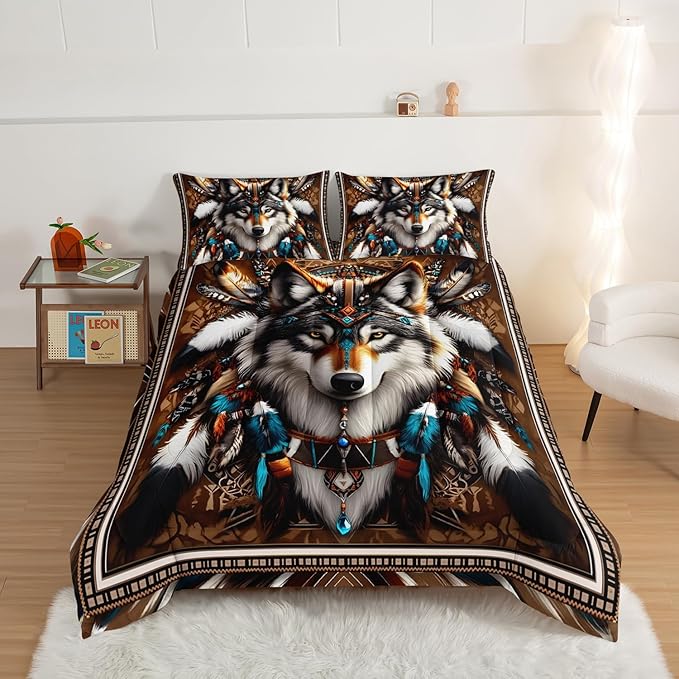 HOSIMA Wolf Queen Comforter Set,Tribe Decoration Print Animal Bedding for Teens Boys Room Decor,Lightweight Fluffy Dreamcatcher Feather Pattern Wolf Bedding Set for Kids with 2 Pillowcases.
