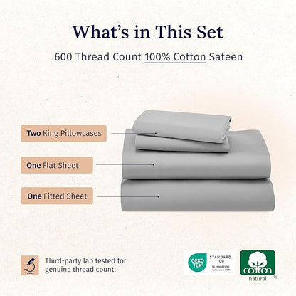 California Design Den California King Sheet Set - 100% Cotton, 600 Thread Count Deep Pocket Cal King Sheet Set, Luxury Hotel-Quality, Soft Sateen Weave - Light Grey