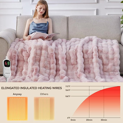 Heated Blanket Throw with 1/2/4/6/8 Hours Auto-Off 10 Heat Level, 72'' * 84'' Cozy Faux Rabbit Fur Bubble Electric Blanket with Overheat Protection(Tie-Dye Pink)