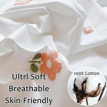 MorroMorn Cotton Duvet Cover Queen Size, 3D Embroidery Floral Bedding Sets, Fluffy Chenille Embroidered Comforter Covers Breathable Sweat-Absorbent for Girls Kids Teen (Flowers White, Full/Queen)