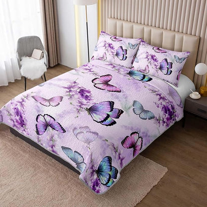Lavender Purple Butterfly Quilts Bedding Full 3Pcs Colorful Butterfly Pattern Quilt Bed Set Aesthetics Butterflies Lightweight Soft Bedspreads Coverlet with 2 Pillowcases for Boys Girls Adult Room