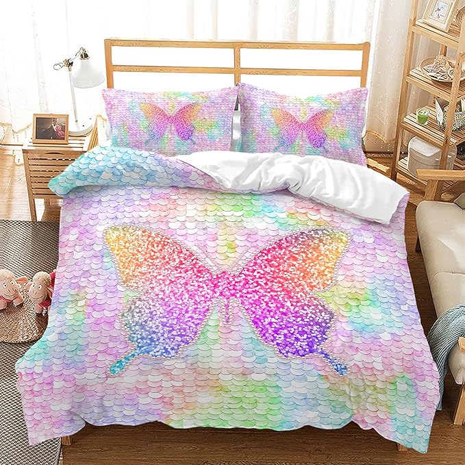 CVHOUSE Rainbow Butterfly Duvet Cover & Bedding Set - Queen Size, 1 Duvet 2 Pillowcases