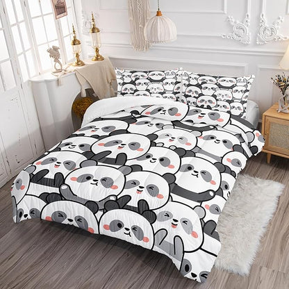 Kawaii Cartoon Black White Panda Bedding Animal Themed Comforter 3Pcs Queen Bear Pattern Bedding Set for Kids Teens Girls Boys Bed Decor Emoticon Panda Quilt with 1 Comforter and 2 Pillowcases