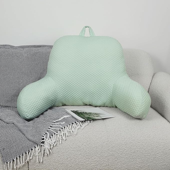 Reading Pillow, Silk Back Support Pillow for Bed Sitting Up, Large Bed Rest Pillow with Arms for Adults,Back Support for Couch and Chair, Green