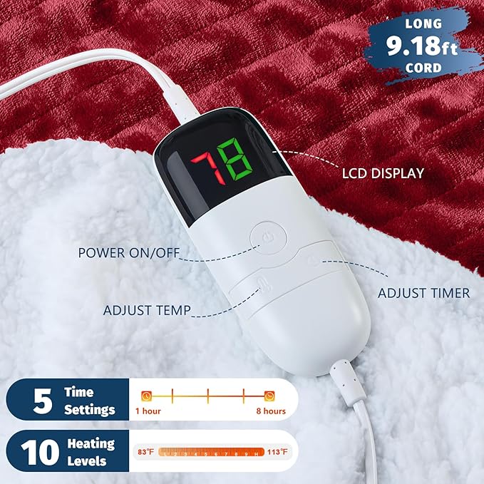 BOMOVA Heated Electric Blanket Twin - 62" x 84" Heating Blanket with 10 Heating Levels & 8 Hours Auto Off, Warm Flannel Blanket, Christmas Birthday Gifts for Women