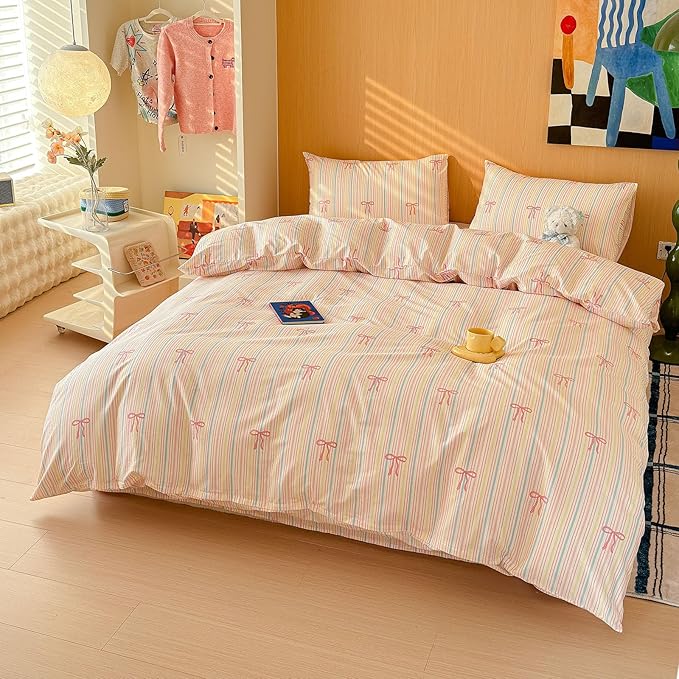 AOJIM Pink Bow Duvet Cover Set 3PCS for Kids Adults, 1 Soft Durable Pure Cotton Comforter Cover Queen Size and 2 Pillowcases, Rainbow Striped Bedding Duvet Cover Set for Room Decor, Machine Washable