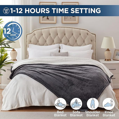 Westinghouse Electric Blanket Queen, Heated Blanket Queen Size with 10 Heating Levels and 1 to 12 Hours Heating Time Settings, Flannel to Sherpa Reversible, Machine Washable (84" x 90", Charcoal)
