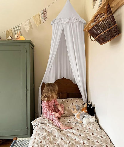 JIKAL Kids Bed Canopy with Ruffles Cotton Hanging Tent Frills Curtain Net for Baby Nursery Room Children Reading Nook Decor