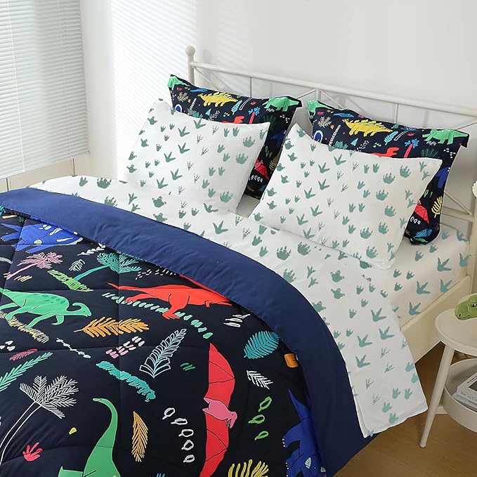 Kids Boys Dinosaur Comforter Set Full Size 7 Piece Bed in a Bag Colorful Dino Bedding Set for Child Teens (1 Comforter, 1 Flat Sheet, 1 Fitted Sheet, 2 Pillow Shams, 2 Pillowcases)
