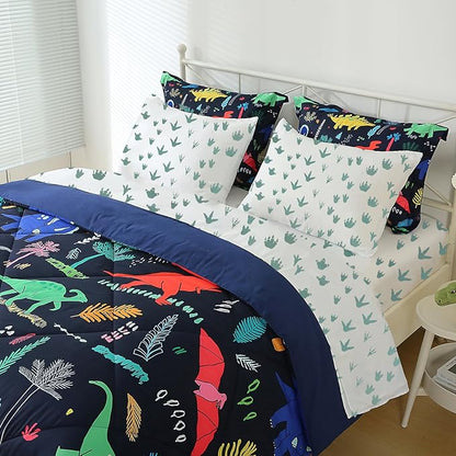 7 Piece Dinosaur Bedding Set Queen Size for Kids Boys Teens Cartoon Blue Dino Comforter Set with Sheet Colorful 3D Print Bed in a Bag