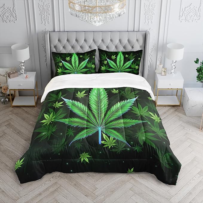 Green Marijuana Leaf Themed Comforter 3Pcs Twin Bright Weed Leaves Herb Botanical Bedding Set for Kid Teen Girl Boy Adult Room Decor Cannabis Leaves Quilt with 1 Comforter and 2 Pillowcases
