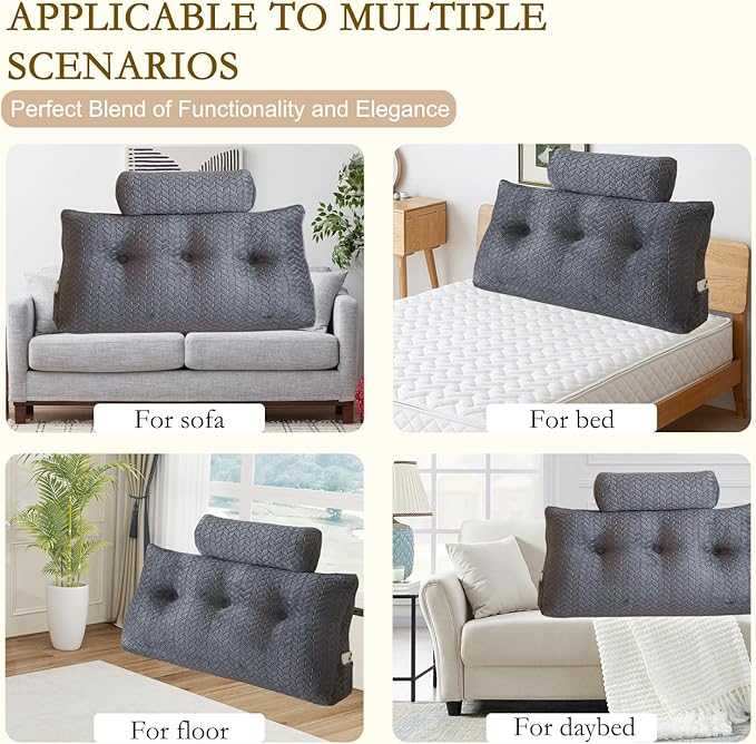 YOUR MOON Wedge Headboard Pillow Twin with 1 Pack Neck Roll Pillow, Triangular Wedge Backrest Pillows Headboard for Bed,Daybed,and Lounging, Large Bed Bolster Pillows,Dark Gray