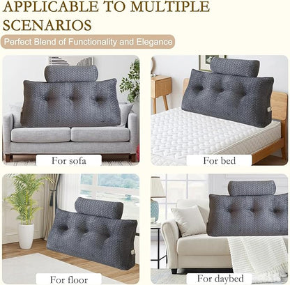 YOUR MOON Wedge Headboard Pillow Twin with 1 Pack Neck Roll Pillow, Triangular Wedge Backrest Pillows Headboard for Bed,Daybed,and Lounging, Large Bed Bolster Pillows,Dark Gray
